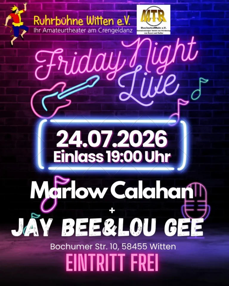 Veranstaltungsplakat für Friday Night Live am 24. Juli 2026 mit Marlow Calahan sowie Jay Bee & Lou Gee