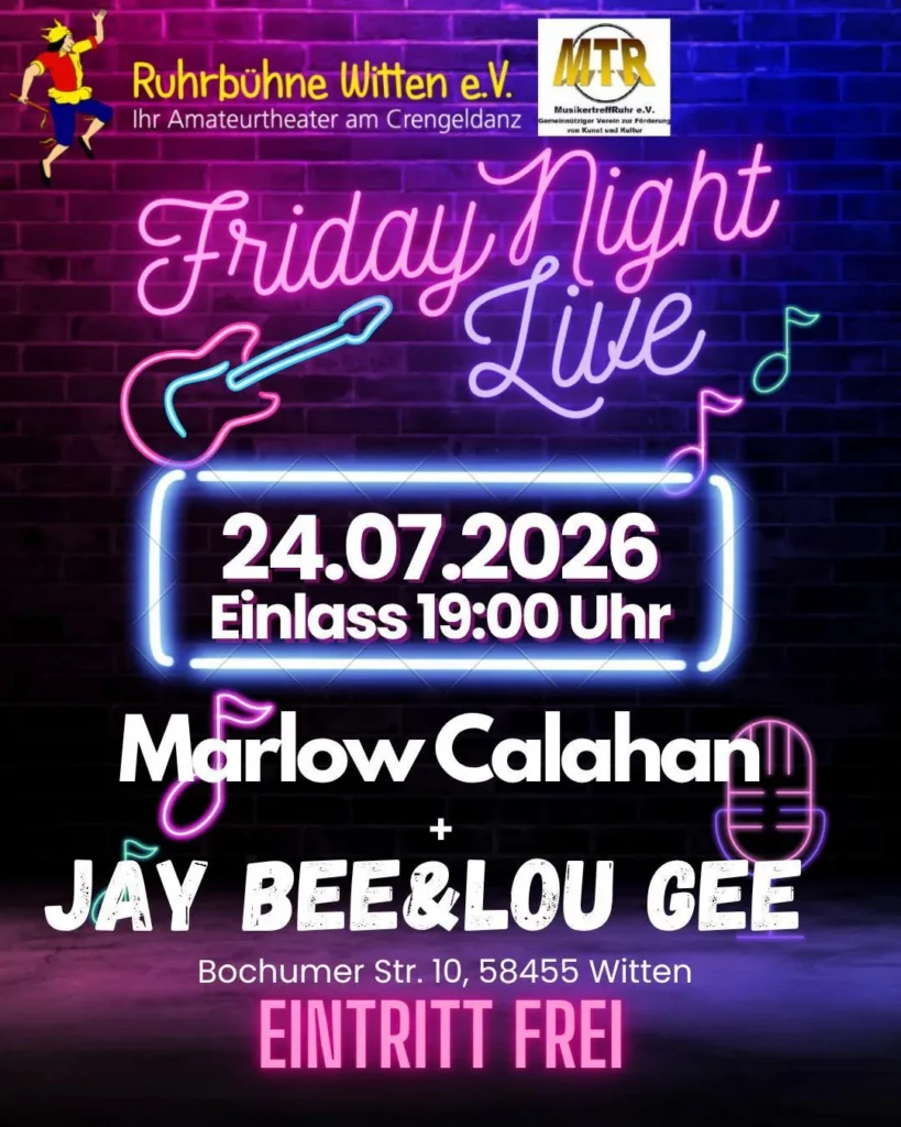 Veranstaltungsplakat für Friday Night Live am 24. Juli 2026 mit Marlow Calahan sowie Jay Bee & Lou Gee